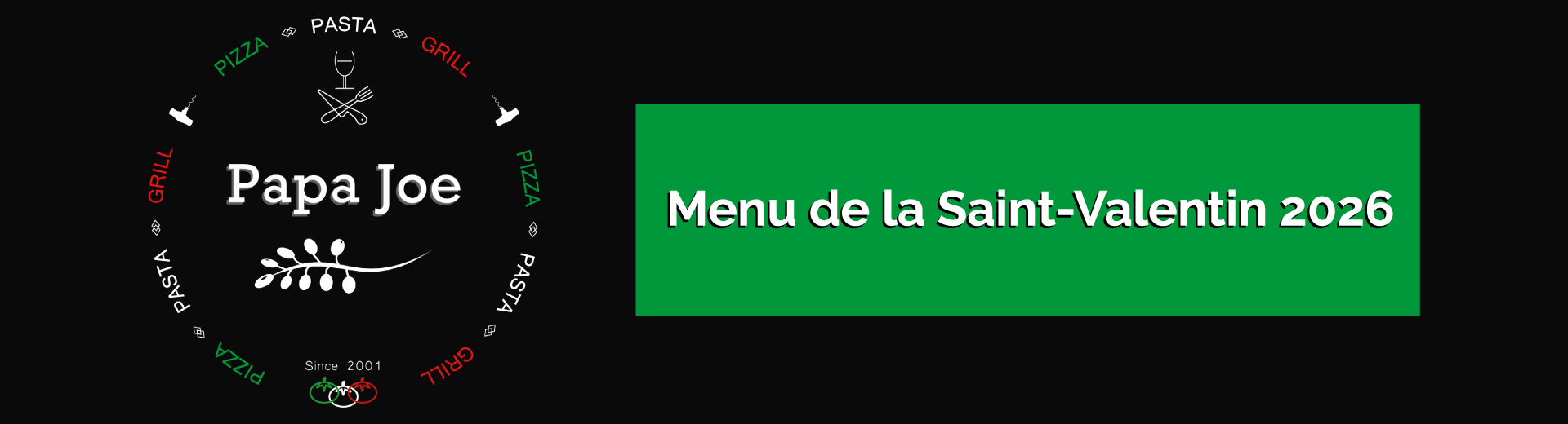 Menu de la Saint-Valentin 2026 du Restaurant Papa Joe Cernay, réalisation par l'agence web Kodeeus.