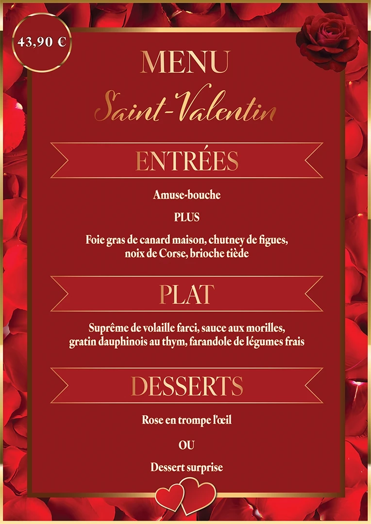 Menu de la Saint-Valentin 2026 du Restaurant Papa Joe Cernay, réalisation par l'agence web Kodeeus.